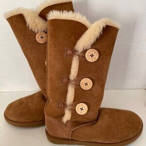 UGG Chestnut Colored Mid Calf "Bailey" Button Up Sheepskin Boots: Women's 9
